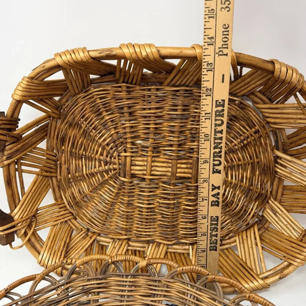VTG Wicker Basket Double Handles Rustic Farmhouse Decor Serving Bowl Woven PAIR